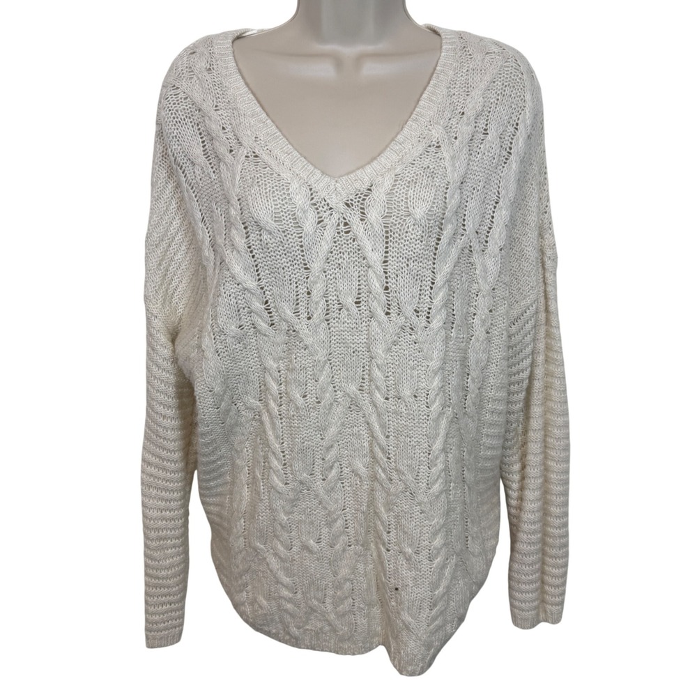 Sonoma Goods For Life Womens Large Ivory Cable Knit V-Neck Sweater‎ Cream Cotton